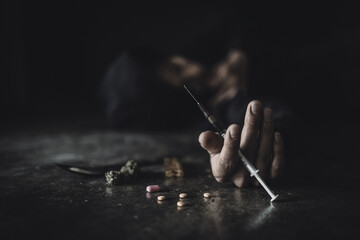  The concept of people addicted to drugs and against the use of illegal drugs. Drugs addiction and withdrawal symptoms concept. drugsInternational Day against Drug Abuse. - obrazy, fototapety, plakaty