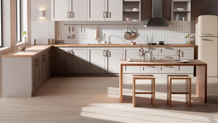 A bright beige-toned kitchen interior with sunlight 
coming through the window. - obrazy, fototapety, plakaty