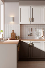 A bright beige-toned kitchen interior with sunlight 
coming through the window.