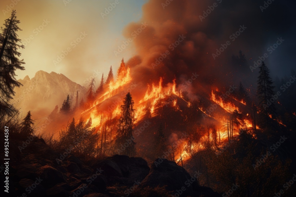 Poster a large fire burning in the mountains. ideal for illustrating the destructive power of wildfires and