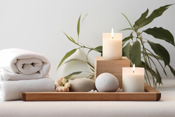 A calming spa scene with candles, white towel, oil massage. Spa accessory composition set in day spa hotel, beauty wellness centre or salon. Spa accessory composition set in day spa hotel, wellness. 