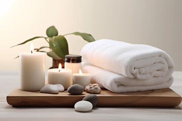 Fototapeta na wymiar A calming spa scene with candles, white towel, oil massage. Spa accessory composition set in day spa hotel, beauty wellness centre or salon. Spa accessory composition set in day spa hotel, wellness. 