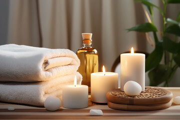 Obraz na płótnie Canvas A calming spa scene with candles, white towel, oil massage. Spa accessory composition set in day spa hotel, beauty wellness centre or salon. Spa accessory composition set in day spa hotel, wellness. 