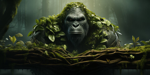 Angry gorilla in the jungle covered with green leafs.