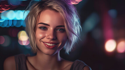 Fototapeta premium Portrait of pretty smiling girl on night lights background, encapsulating spirit of youthful night life, atmosphere is lively, pulsating with energy of young woman immersed in vibrant nightlife