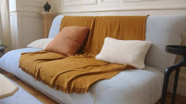 Dolly shot of a modern sofa in a French style setting. A Brownish blanket is spread over it. There are also two couch pillows. Boiserie on the background.