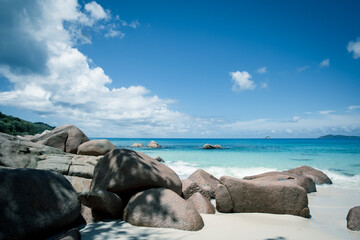 Anze Lazio, Praslin Island, Seychelles, and the typical granite stones. Tropical paradise, crystal...