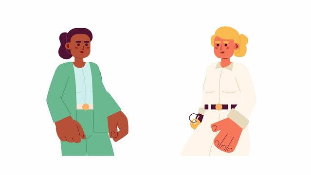 Realtor buyer key handover process 2D characters animation. Flat cartoon 4K video, alpha channel. African american female real estate agent, caucasian client animated people on white background