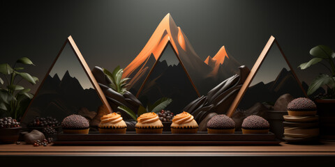 Cafe/Restaurant concept. Assorted fancy cakes on a shop stage with mountains background. - obrazy, fototapety, plakaty