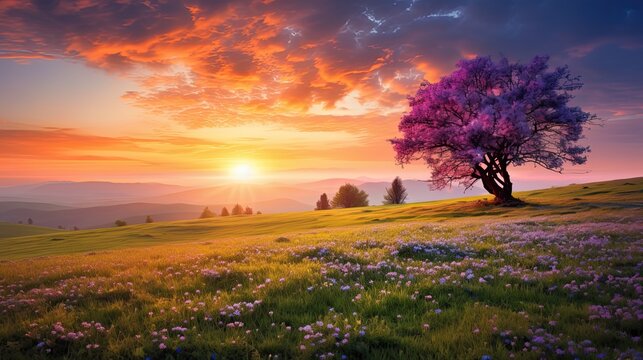 Colorful Spring Sunrise on meadow © paisorn