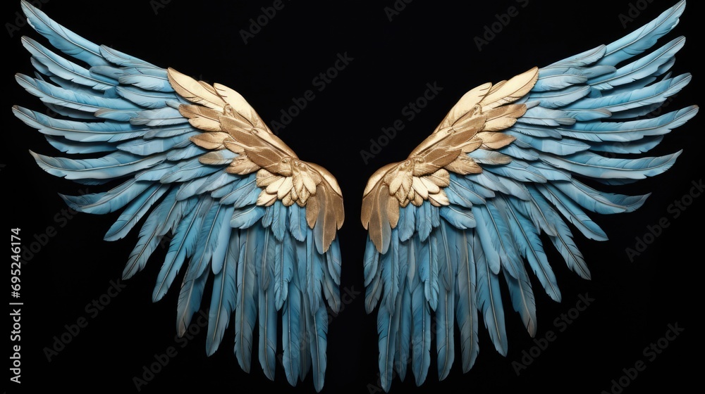 Poster blue and gold wings on a black background. versatile image suitable for various uses