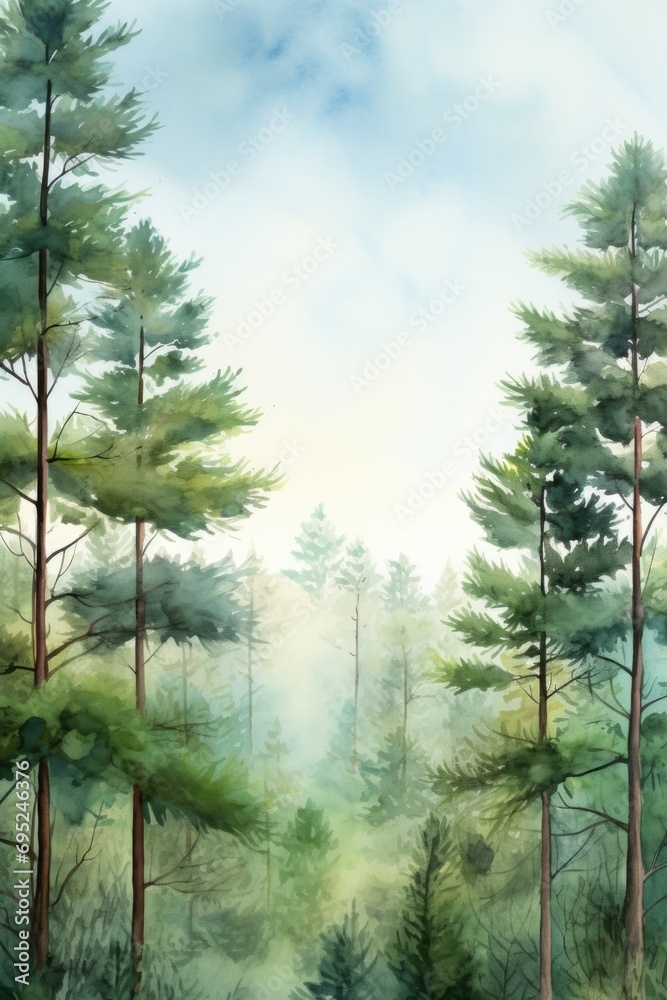 Poster a beautiful watercolor painting of a serene forest scene. perfect for adding a touch of nature to an