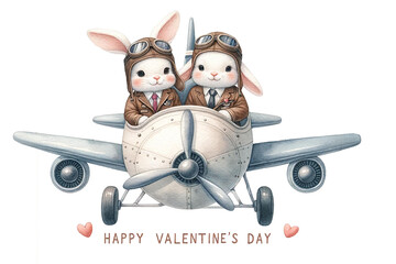  Couple bunny wear pilot suit and pilot goggles  in airplane watercolor illustration.AI Generate - obrazy, fototapety, plakaty