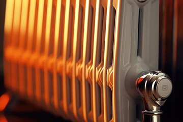 A close-up view of a radiator placed on a table. This image can be used to illustrate heating systems or interior design concepts
