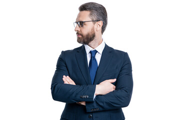 Business boss portrait of man. Successful business. Success of entrepreneur. hispanic lawyer crossed hands. successful businessman isolated on white. professional occupation of businessman