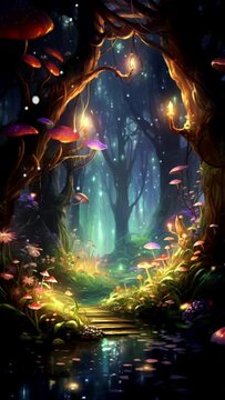 forest view at night with twinkling lights, loop video background animation, cartoon anime style, for vtuber / streamer backdrop