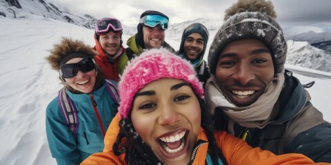 A group of people capturing a moment with a selfie in the snowy outdoors. Suitable for social media, winter activities, and bonding with friends and family