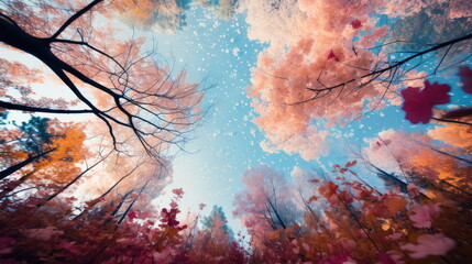 Blue and Pink  Trees in the Forest - Low Angle Photography with Sky Background, Creating a Modern Artistic Interpretation of Nature. Vibrant Trees and Ethereal Atmosphere in Contemporary Landscape