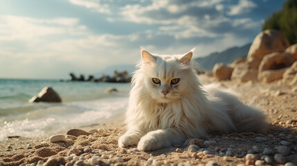 angora cat sitting on the beach pet traveling concept - obrazy, fototapety, plakaty