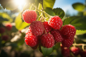 red raspberry on tree branch with sunny