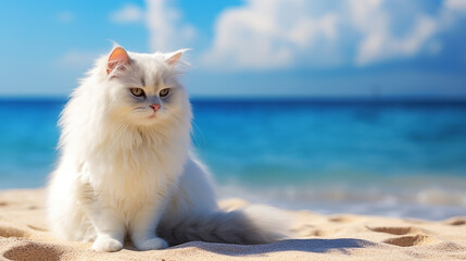 angora cat sitting on the beach with blue sky. pet traveling concept - obrazy, fototapety, plakaty