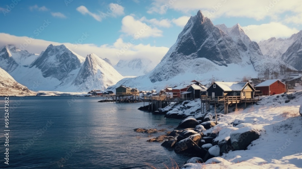 Poster a breathtaking view of a mountain range with a serene body of water. perfect for nature enthusiasts 