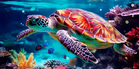 Poster Beautiful sea turtles in the sea, ornate patterns and intricate designs on their shells. © Maximusdn