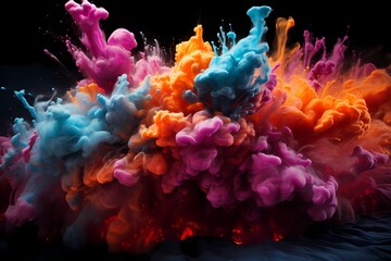 A burst of liquid colors exploding like fireworks against a dark sky