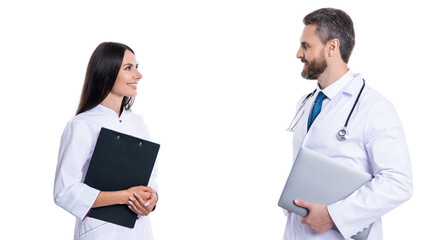 professional physician with internist. medicine and healthcare. doctor at hospital. two doctor hold medical prescription. doctor and nurse with clipboard isolated on white. copy space - obrazy, fototapety, plakaty