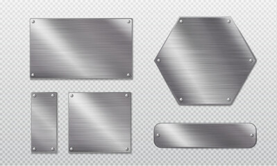 Steel metal tag plate of rectangular, square and hexagon shape with rivets. Realistic vector set of blank aluminum nameplates or boards with screws. Chrome surface empty plaque or frame mockup.