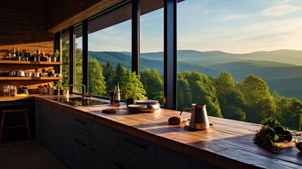 Fototapeta premium Cozy kitchen with a wooden countertop, view of the forest and mountains in the distance