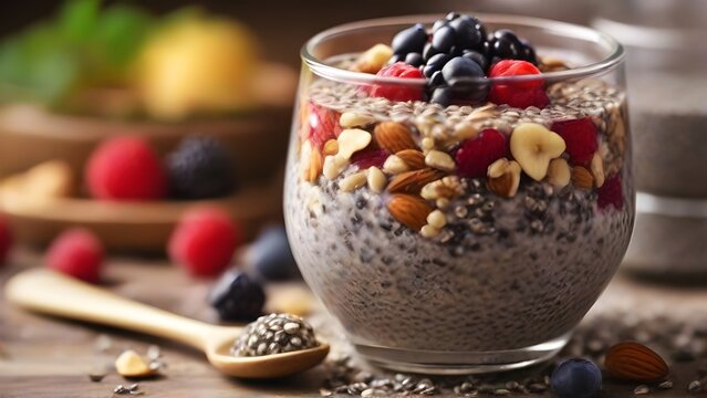 Chia Seed Pudding: Mix chia seeds with milk or a dairy-free alternative, let it sit overnight, and top with fruits, nuts, or shredded coconut in the morning, background image, generative AI