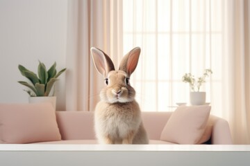 A rabbit is seen sitting on top of a table next to a couch. This image can be used to depict a pet rabbit in a home setting or to illustrate the concept of a cozy and comfortable living space
