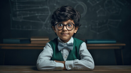 Cute indian little boy in senior teacher costume - obrazy, fototapety, plakaty