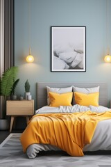 A cozy bedroom with a comfortable bed, a nightstand, and a stylish lamp. Perfect for creating a relaxing atmosphere. Ideal for interior design projects or showcasing bedroom furniture.