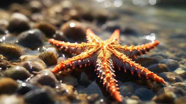 Close-up details of a starfish in a tidepool, capturing the play of sunlight on its surface, background image, generative AI