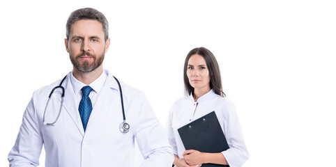 Medicine doctor hold clipboard. medical and healthcare workers in hospital isolated on white. two doctors internist in medicine service. Health insurance. healthcare and medicine. copy space - obrazy, fototapety, plakaty