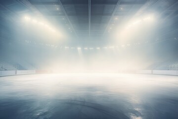 An empty ice rink covered in fog with spotlights shining on the ice. Perfect for winter sports or event concepts