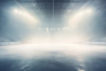 Foto op Plexiglas An empty ice rink covered in fog with spotlights shining on the ice. Perfect for winter sports or event concepts © Fotograf