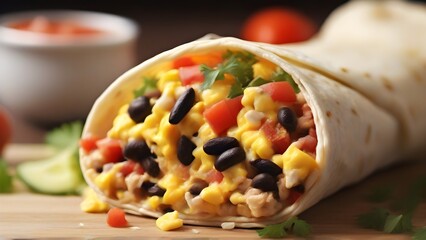 Breakfast Burrito: Fill a whole-grain tortilla with scrambled eggs, black beans, diced tomatoes, cheese, and salsa, background image, generative AI