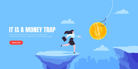 Money trap business concept. Young adult businesswoman running to catch the money.