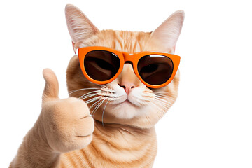 Orange Cat with Sunglasses Giving Thumbs Up on Transparent Background - obrazy, fototapety, plakaty