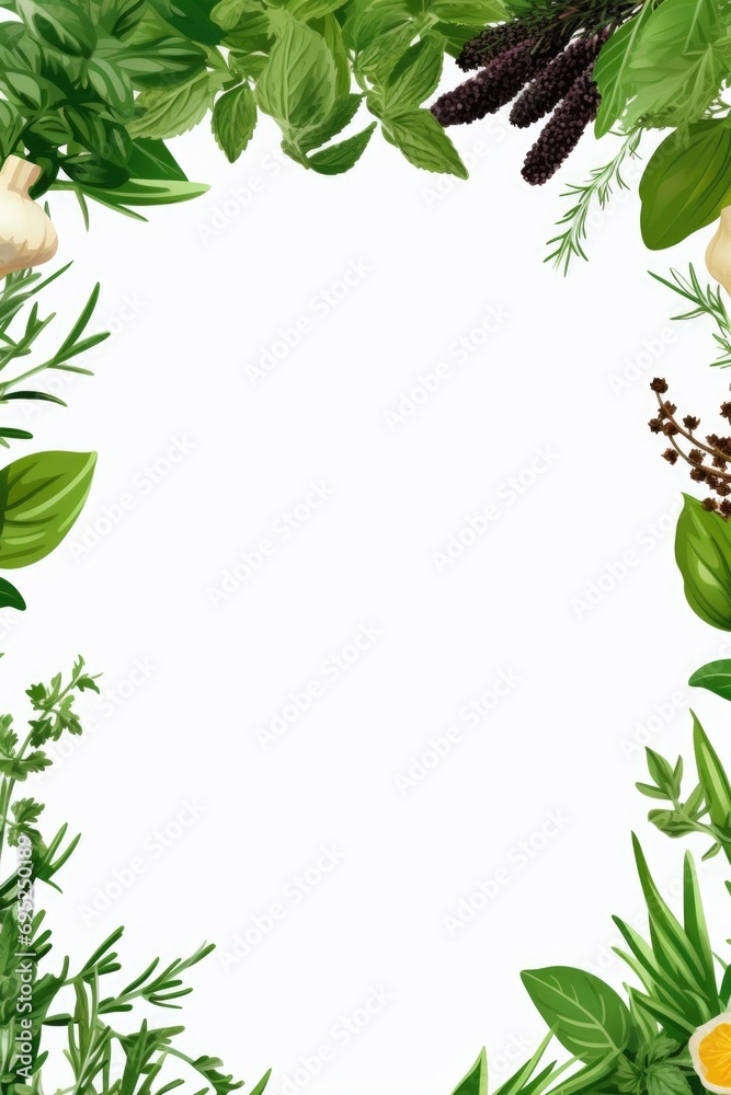 Poster a frame of various herbs and spices on a clean white background. perfect for culinary projects or fo