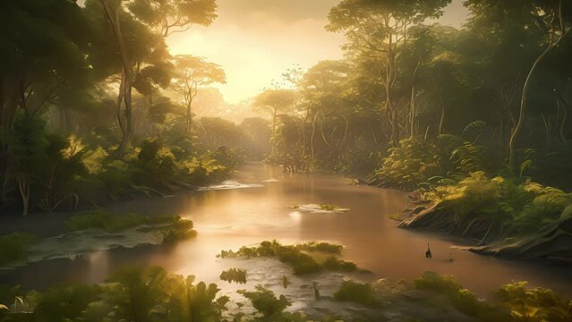 Tropical jungle landscape with Amazon jungle river at sunset. Created with Generative AI.	
