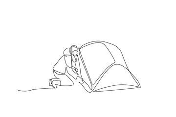 person human camping tent activity meal cook campfire objects lifestyle one line art design