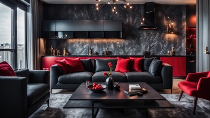 The apartment is in black and red tones.