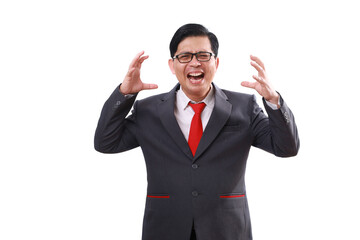 Stressed asian businessman standing while screaming. Isolated on white