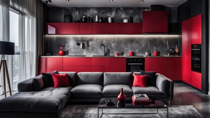 The apartment is in black and red tones.