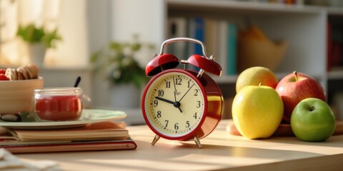A red alarm clock placed on a wooden table. Perfect for illustrating time management and deadlines - obrazy, fototapety, plakaty