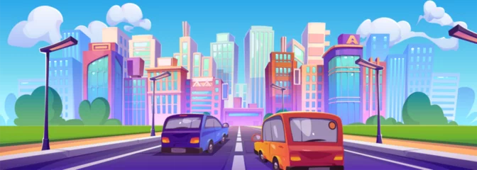 Foto op Canvas Cars driving highway towards modern city. Vector cartoon illustration of morning traffic on urban road perspective, office and housing skyscraper buildings, blue sunny sky with white clouds, cityscape © klyaksun